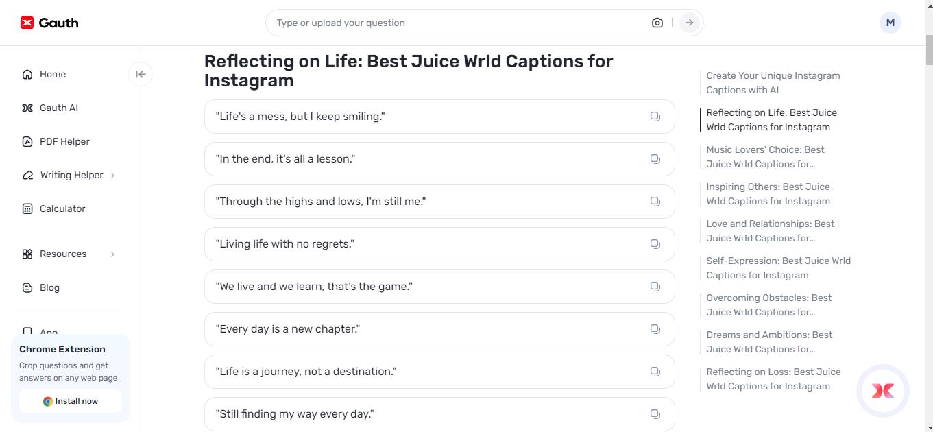 Using Gauth to create juice wrld captions for instagram